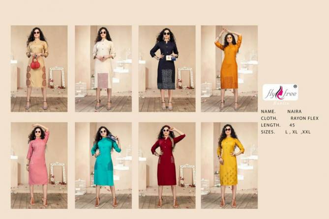 Fly Free Naira Latest Fancy Regular Casual Wear Heavy Rayon Designer Kurtis Collection
